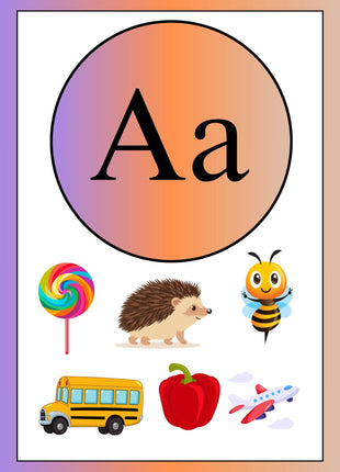 Fișă educativă litera A – imagini ilustrate pentru învățarea sunetului A: acadea, arici, albină, autobuz, ardei, avion.