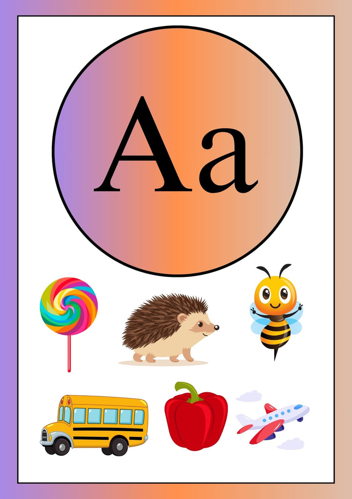 Fișă educativă litera A – imagini ilustrate pentru învățarea sunetului A: acadea, arici, albină, autobuz, ardei, avion.