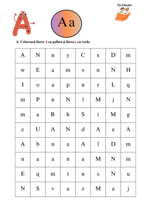 Fișă litera A pentru clasa pregătitoare – activitate de identificare și colorare litere mari și mici A într-un tabel de litere.