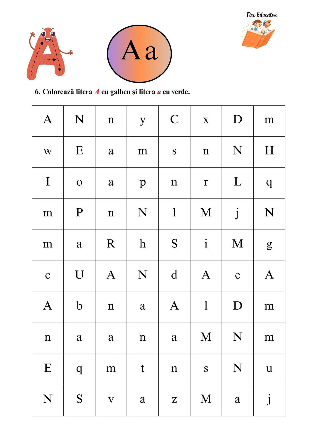 Fișă litera A pentru clasa pregătitoare – activitate de identificare și colorare litere mari și mici A într-un tabel de litere.