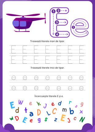 Fișă de trasat litera E – exerciții pentru litera mare și litera mică, identificarea literelor în șir, grafie pentru clasa pregătitoare