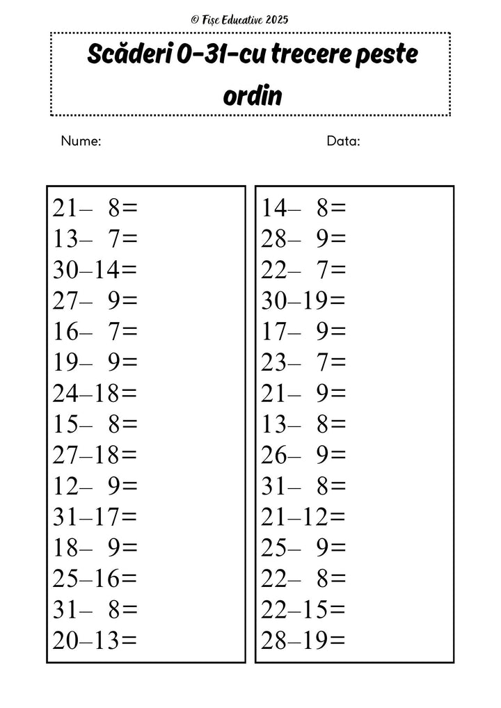 Exemplu de fișă cu adunări pentru clasa I, potrivită pentru consolidarea calculului matematic