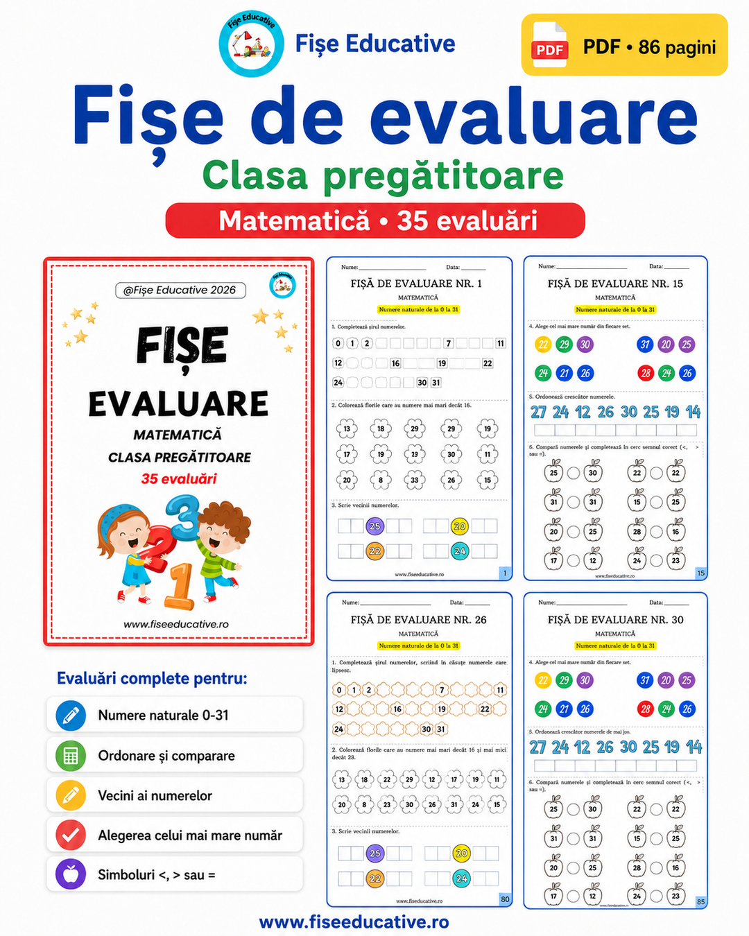 Prezentare set fișe de evaluare matematică pentru clasa pregătitoare, cu 35 teste și exerciții în concentrul 0–31.