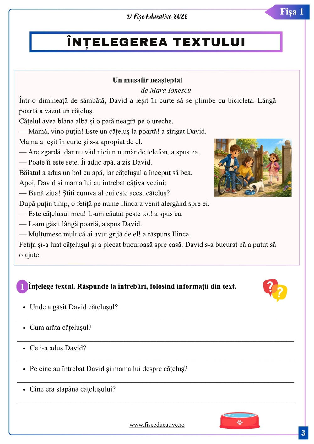 Exemplu de fisa pentru intelegerea textului, clasa a II-a, cu text de citit si intrebari pentru verificarea intelegerii informatiilor.