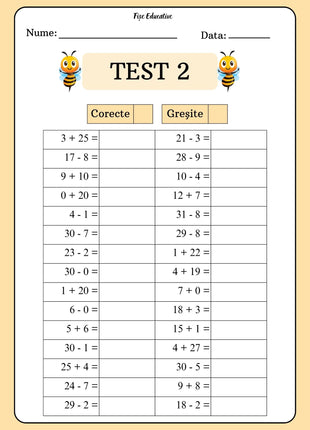 Test 2 matematică clasa pregătitoare – 30 de exerciții de adunări și scăderi în concentrul 0-31, cu coloane pentru răspunsuri corecte și greșite