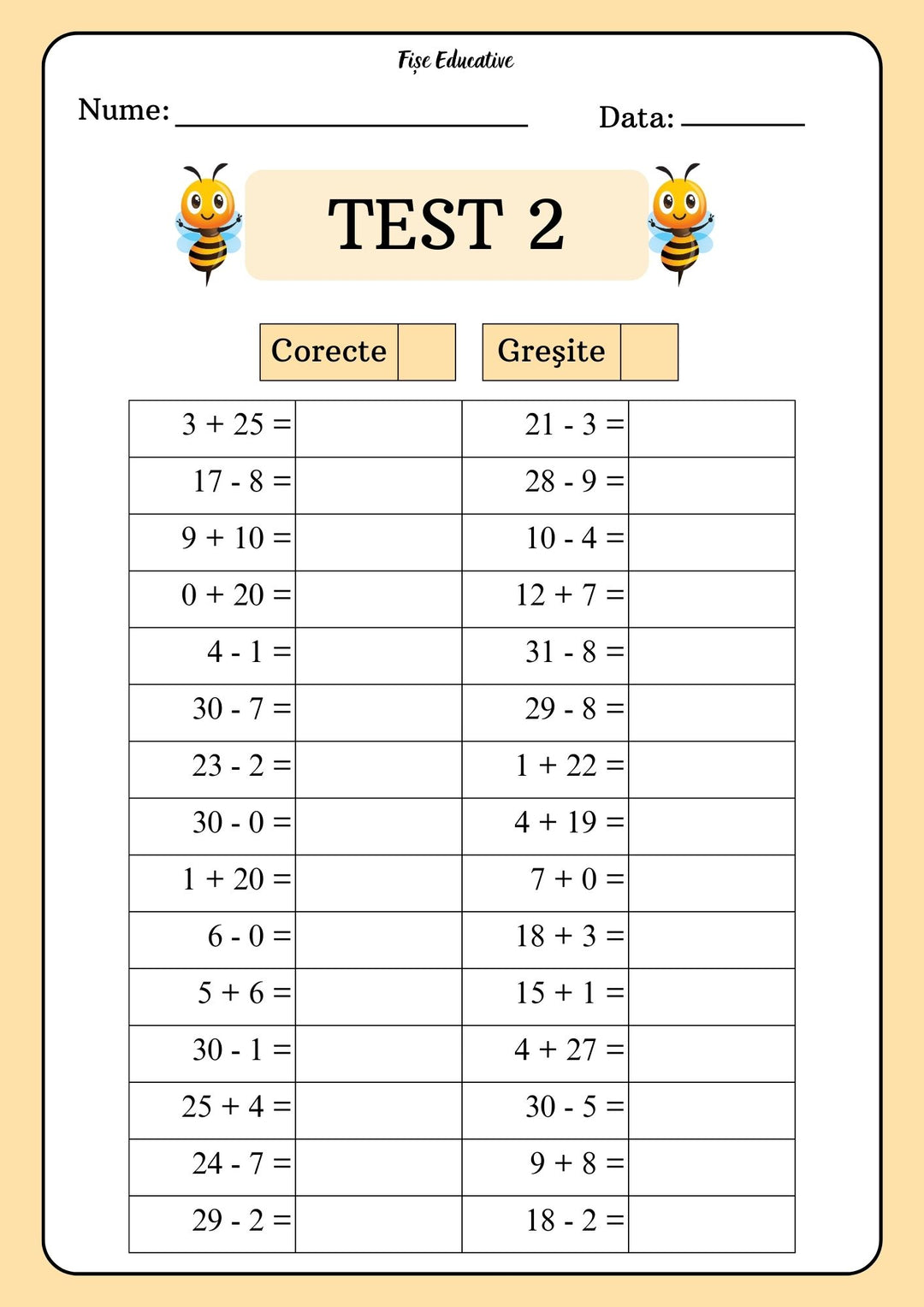 Test 2 matematică clasa pregătitoare – 30 de exerciții de adunări și scăderi în concentrul 0-31, cu coloane pentru răspunsuri corecte și greșite