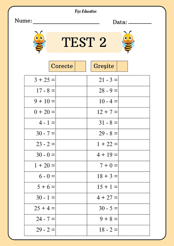 Test 2 matematică clasa pregătitoare – 30 de exerciții de adunări și scăderi în concentrul 0-31, cu coloane pentru răspunsuri corecte și greșite