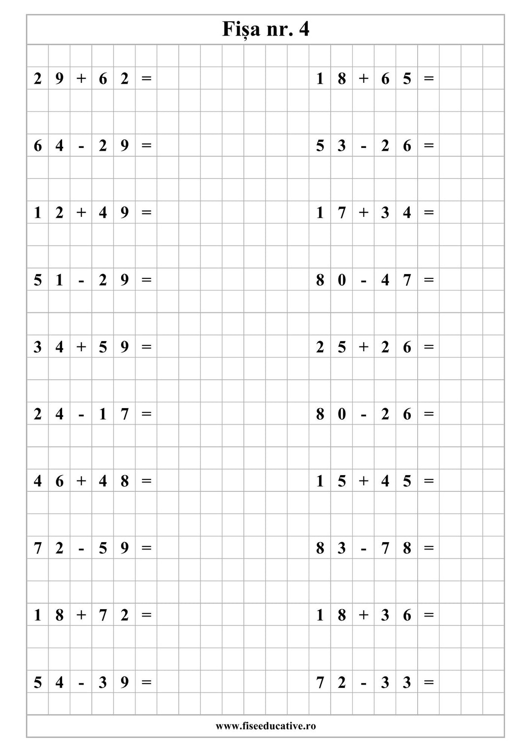 Caiet PDF pentru clasa I cu exercitii de adunare si scadere, organizate progresiv pentru consolidarea calculului matematic.