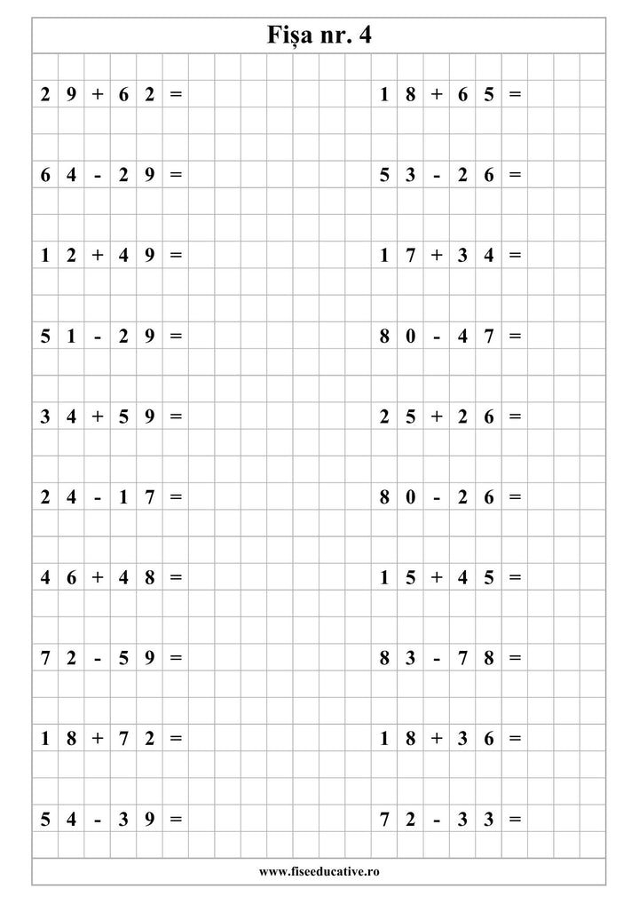 Caiet PDF pentru clasa I cu exercitii de adunare si scadere, organizate progresiv pentru consolidarea calculului matematic.