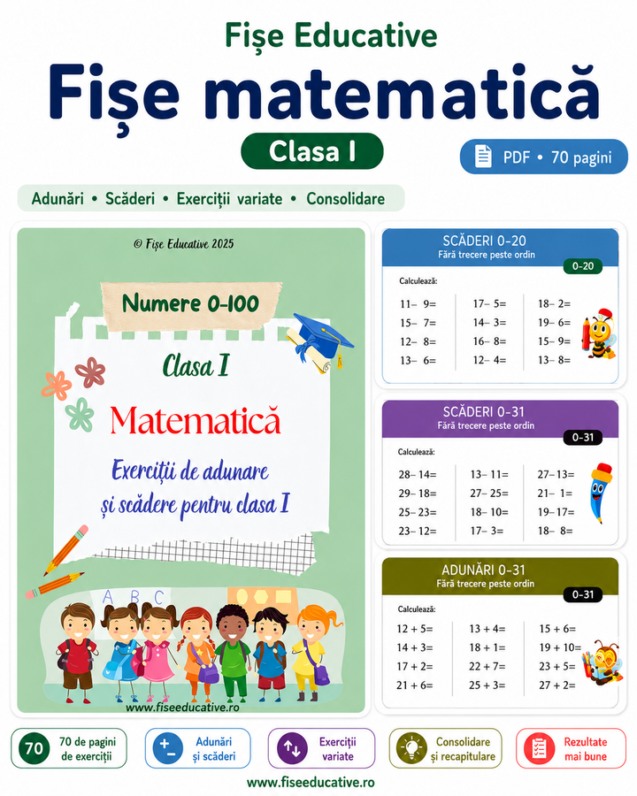 Imagine de prezentare pentru setul Fișe cu adunări și scăderi pentru clasa I, în format PDF, cu 70 de pagini de exerciții.