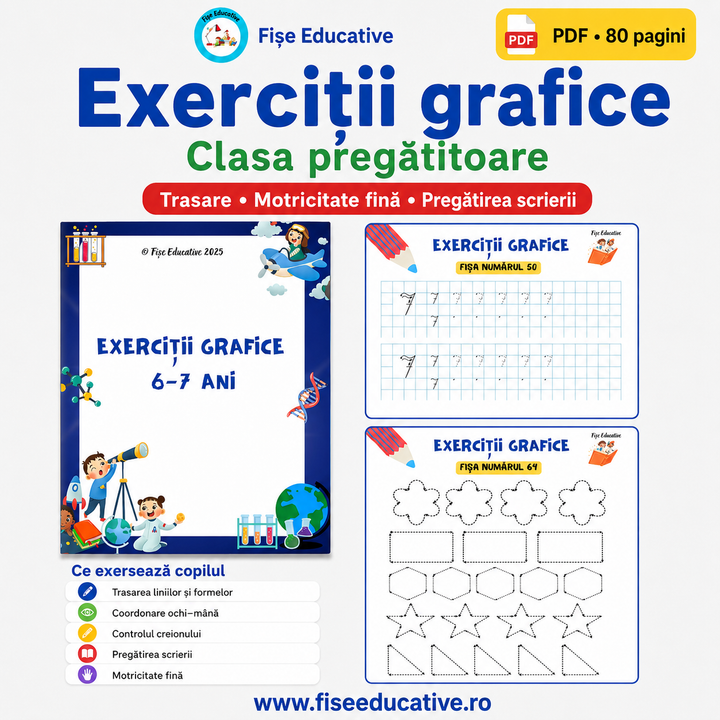 Imagine de prezentare pentru setul Fișe de antrenament grafic pentru copii, în format PDF, cu 80 de pagini pentru pregătirea scrierii.