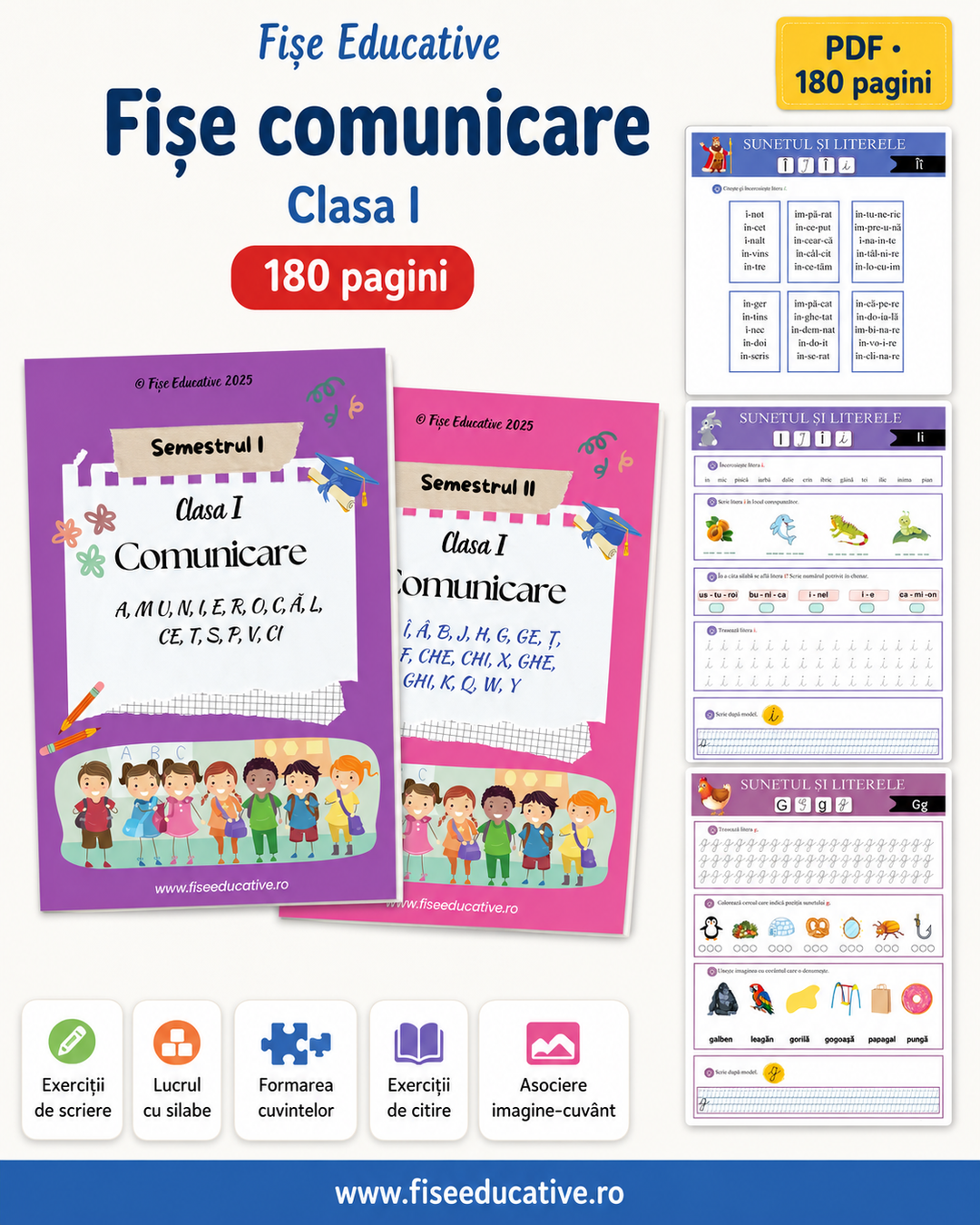 Imagine de prezentare pentru setul Fișe de comunicare pentru clasa I, în format PDF, cu 180 de pagini pentru citire și scriere.