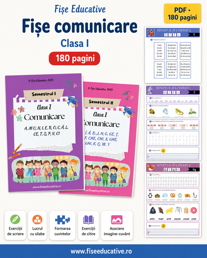 Imagine de prezentare pentru setul Fișe de comunicare pentru clasa I, în format PDF, cu 180 de pagini pentru citire și scriere.