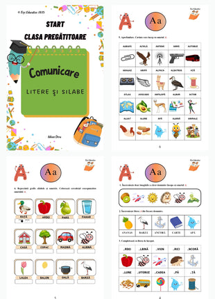 Previzualizare fișe de comunicare pentru clasa pregătitoare – litere și silabe, copertă și pagini cu cuvinte ilustrate pentru litera A