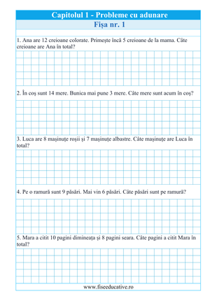 Pagină de probleme aplicate, inspirate din situații reale, care ajută copilul să folosească matematica în contexte de zi cu zi.