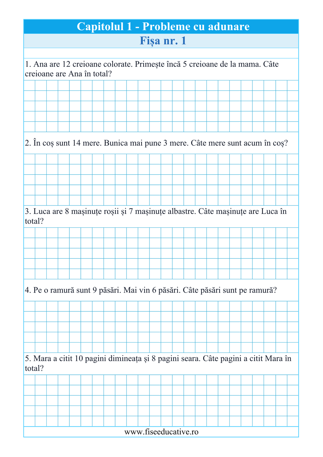 Pagină de probleme aplicate, inspirate din situații reale, care ajută copilul să folosească matematica în contexte de zi cu zi.