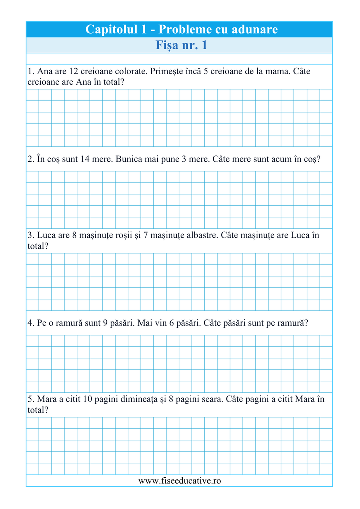 Pagină de probleme aplicate, inspirate din situații reale, care ajută copilul să folosească matematica în contexte de zi cu zi.