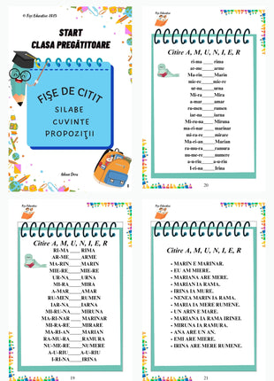 Previzualizare fișe de citit pentru clasa pregătitoare – copertă și pagini cu silabe și propoziții pentru exersarea citirii.