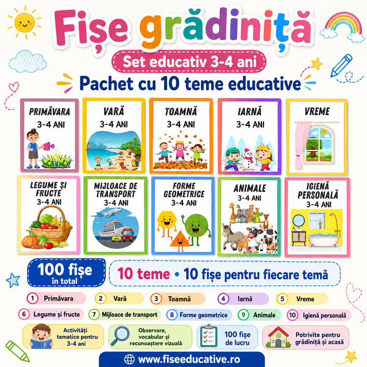 Prezentare pachet educativ cu 100 fișe de lucru pentru copii de 3–4 ani, potrivite pentru grupa mică și activități acasă.
