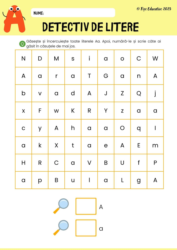 Fișe educative pentru grădiniță cu activități de matematică, litere, cifre, sunete și labirinturi.