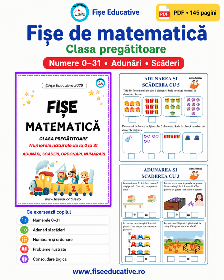 Imagine de prezentare pentru fise de lucru la matematica, clasa pregatitoare. Caietul digital are 145 de pagini si contine exercitii cu numerele de la 0 la 31, adunari, scaderi, numarari si ordonari.