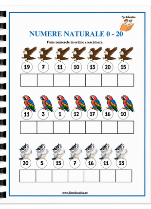 Exemplu de fisa din caietul printat, cu activitati pentru ordonarea si compararea numerelor. Copilul invata sa observe relatiile dintre numere si sa lucreze logic.