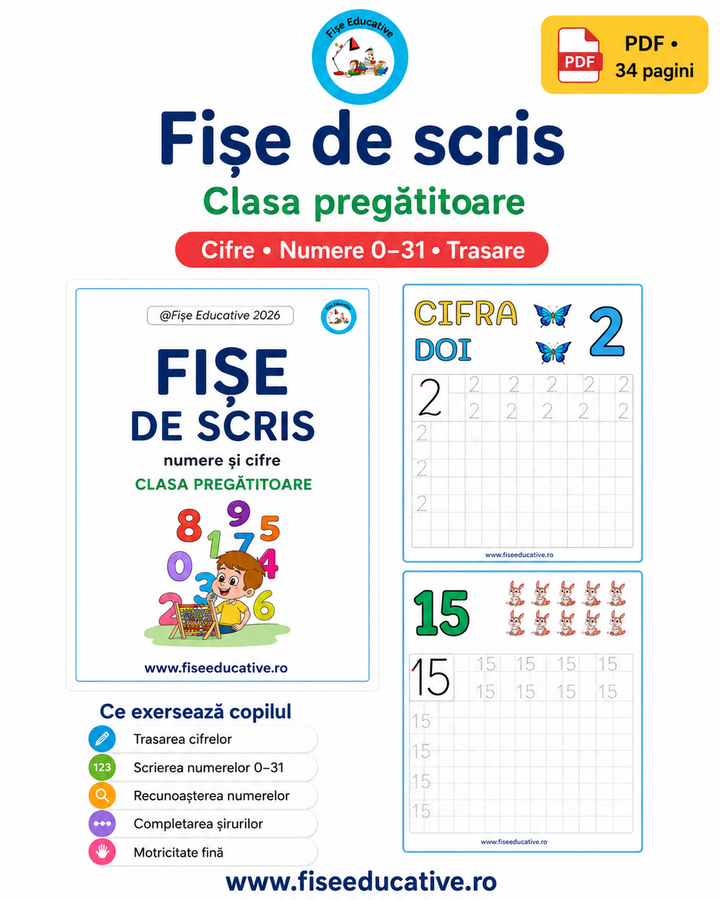 Imagine de prezentare pentru caiet PDF cu fise de scriere, trasare litere mari de tipar, cuvinte si propozitii pentru clasa pregatitoare.