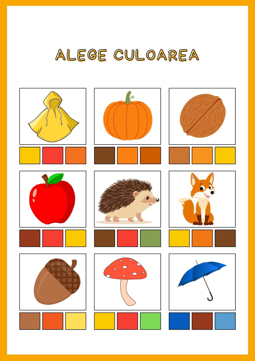 Fișe educative pentru copii mici, cu activități de asociere, sortare, recunoaștere vizuală și jocuri de atenție.