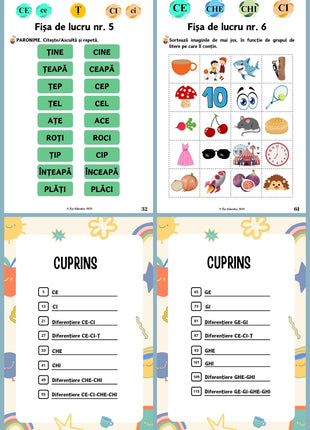 Fise de logopedie pentru diferentierea grupurilor de sunete CE CI GE GI, exercitii ilustrate pentru copii