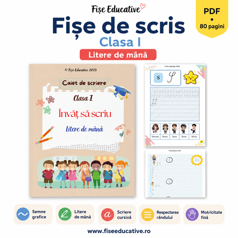 Imagine de prezentare pentru setul Fișe cu litere de mână pentru clasa I, în format PDF, cu 80 de pagini pentru scriere cursivă.