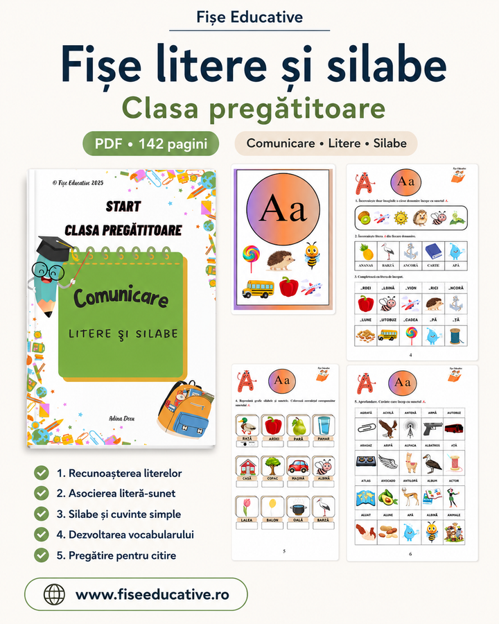 Imagine de prezentare pentru produsul Fise litere si silabe – Clasa pregatitoare, PDF cu 142 pagini. Materialul include activitati de comunicare, recunoasterea literelor, asocierea litera-sunet, silabe, cuvinte simple, dezvoltarea vocabularului si pregatire pentru citire.