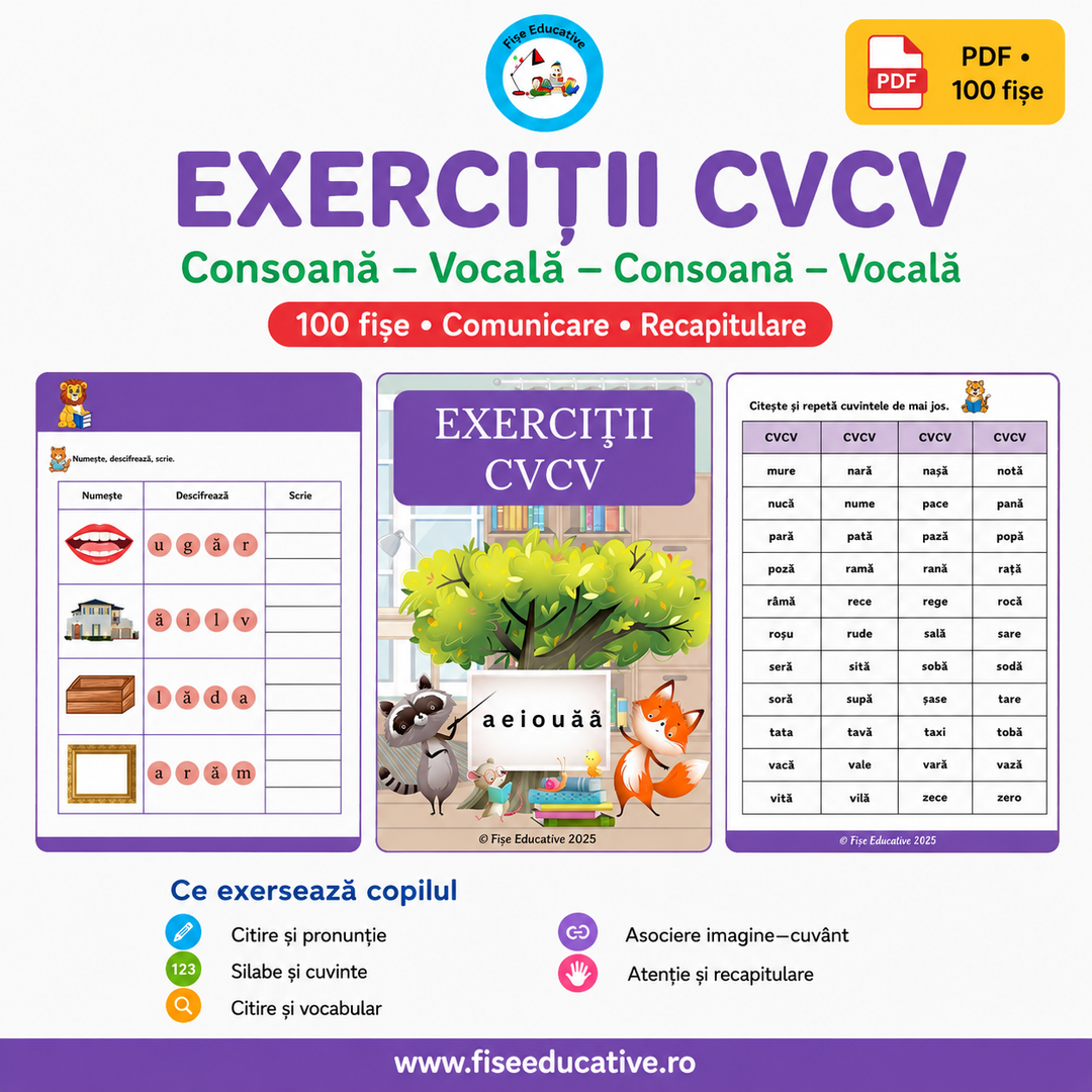 Fișe logopedice CVCV pentru consolidarea cuvintelor simple, formate din structura Consoană–Vocală–Consoană–Vocală.