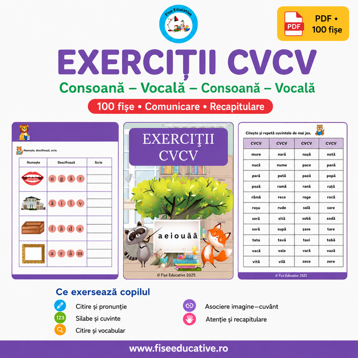 Fișe logopedice CVCV pentru consolidarea cuvintelor simple, formate din structura Consoană–Vocală–Consoană–Vocală.