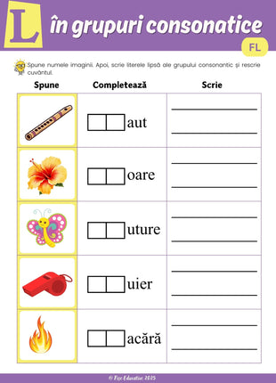 Exerciții logopedice PDF pentru consolidarea grupurilor consonantice S L R. Ideal pentru copii 4–8 ani, terapie logopedică și afazie.