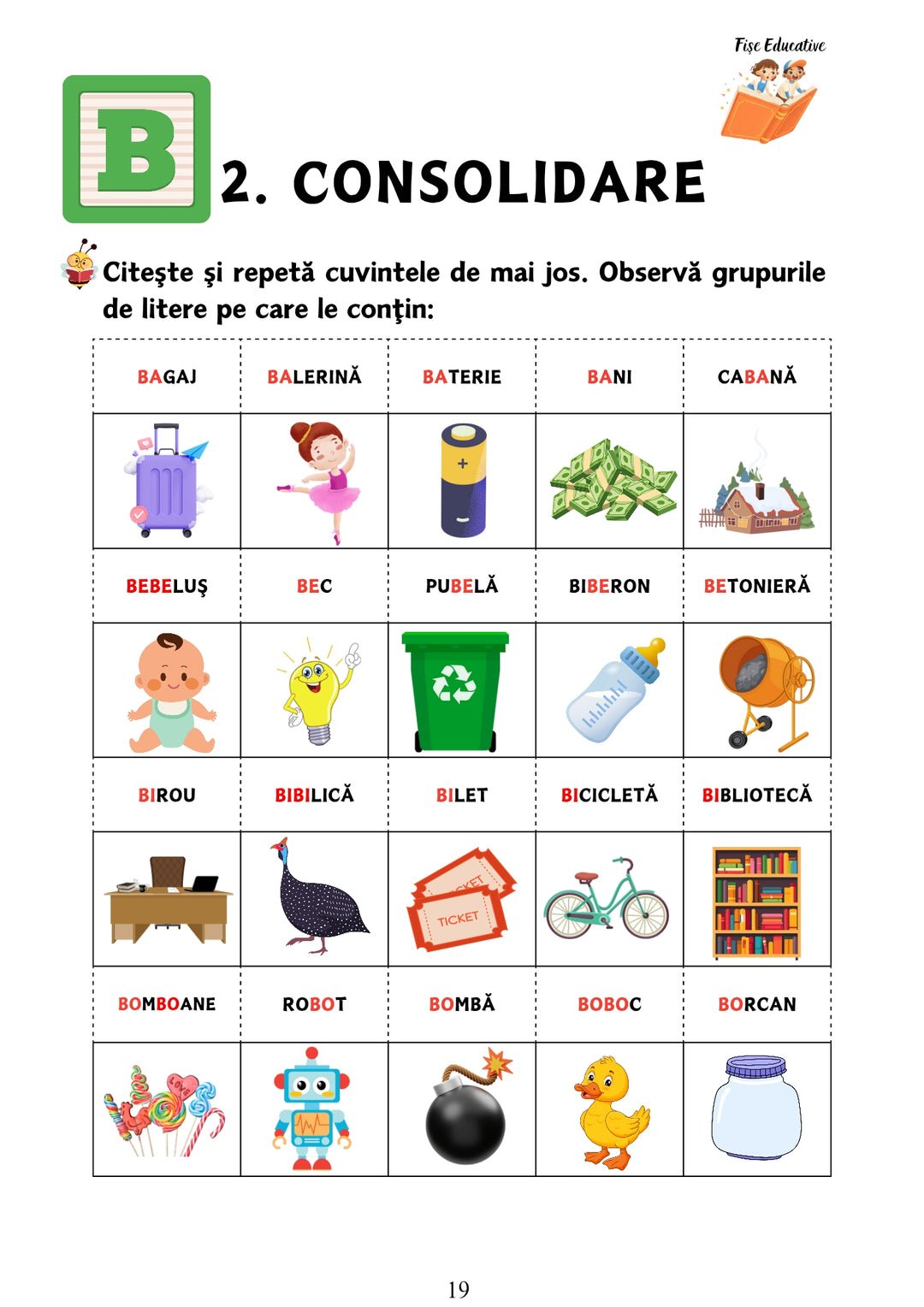 Fișe de lucru pentru citire pe silabe și cuvinte, potrivite pentru copii care exersează sunetele apropiate în activități logopedice.