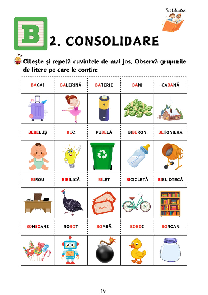 Fișe de lucru pentru citire pe silabe și cuvinte, potrivite pentru copii care exersează sunetele apropiate în activități logopedice.