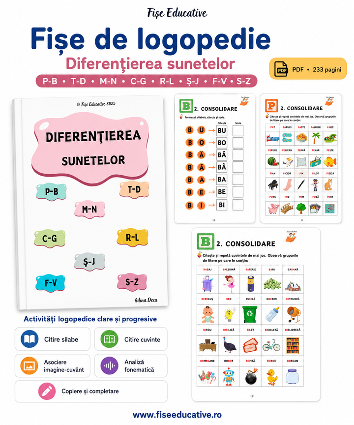Prezentare fișe logopedice pentru diferențierea sunetelor P–B, cu exerciții clare pentru pronunție, citire și asociere imagine-cuvânt.