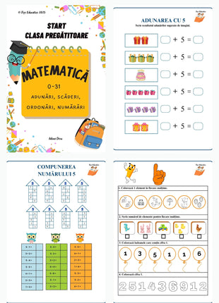 Previzualizare fișe de matematică pentru clasa pregătitoare – numere 0–31, adunări, scăderi, compunerea numărului și exerciții cu imagini.