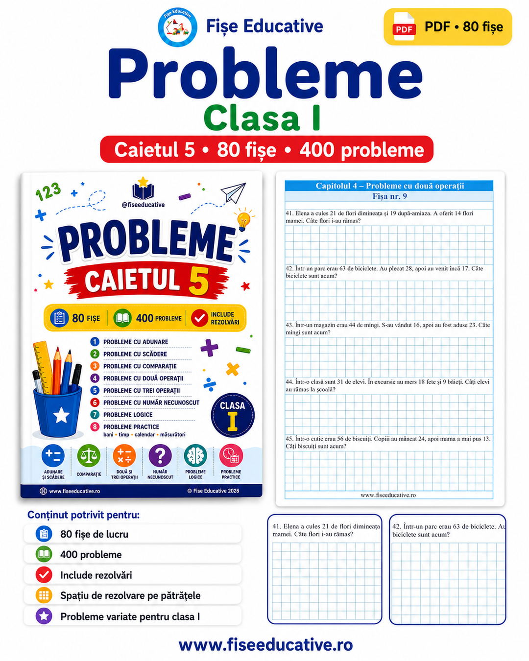 Imagine de prezentare pentru caietul Probleme matematică clasa I, în format PDF, cu 400 de probleme și rezolvări incluse.