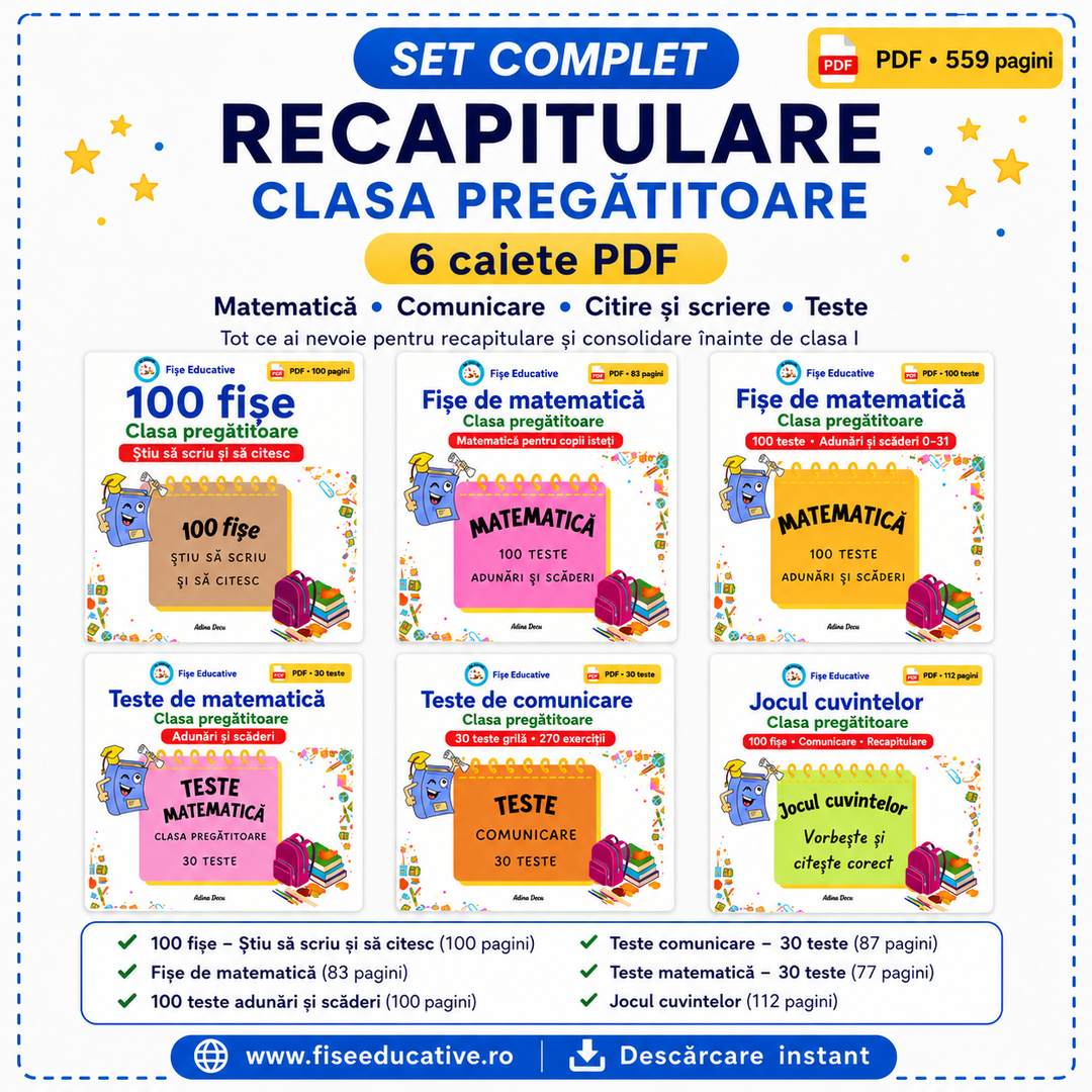 Set de recapitulare clasa pregatitoare PDF cu fise de matematica si comunicare