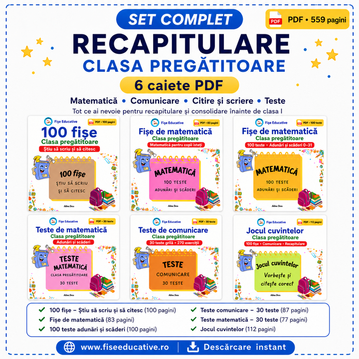 Set de recapitulare clasa pregatitoare PDF cu fise de matematica si comunicare