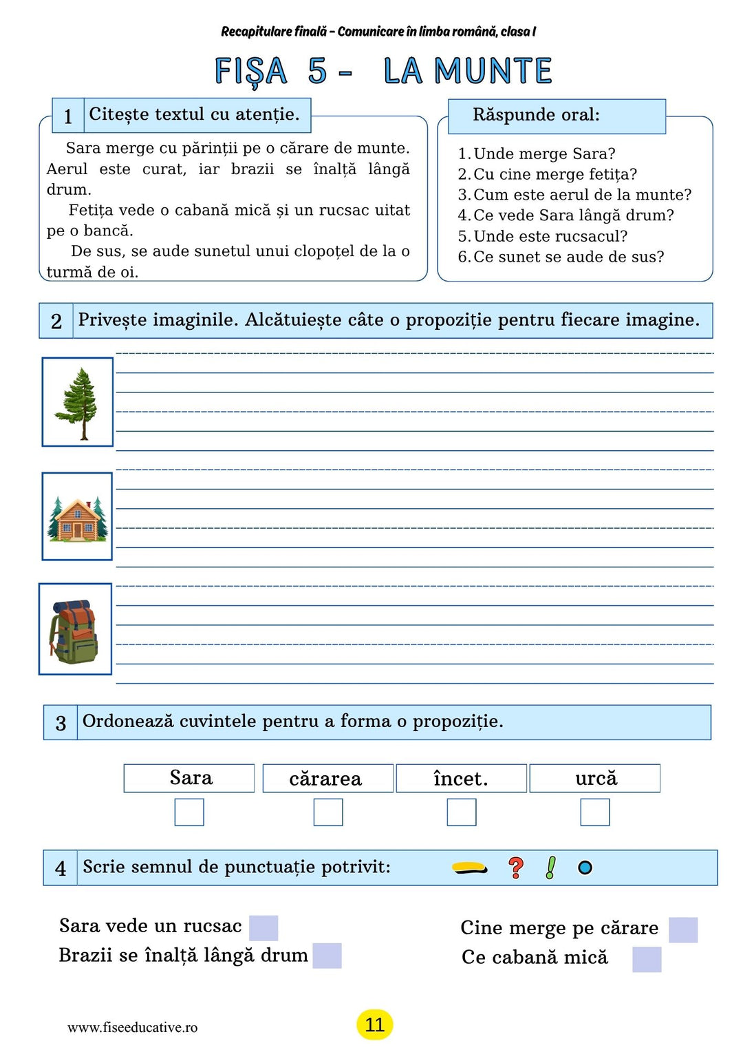 Caiet PDF pentru clasa I cu fise de citire si intelegere a textului, conceput pentru dezvoltarea atentiei, vocabularului si exprimarii.