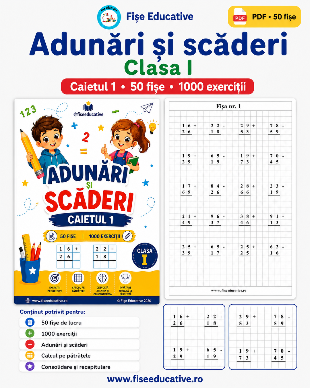 Caiet matematică clasa I PDF pentru recapitulare adunări și scăderi
