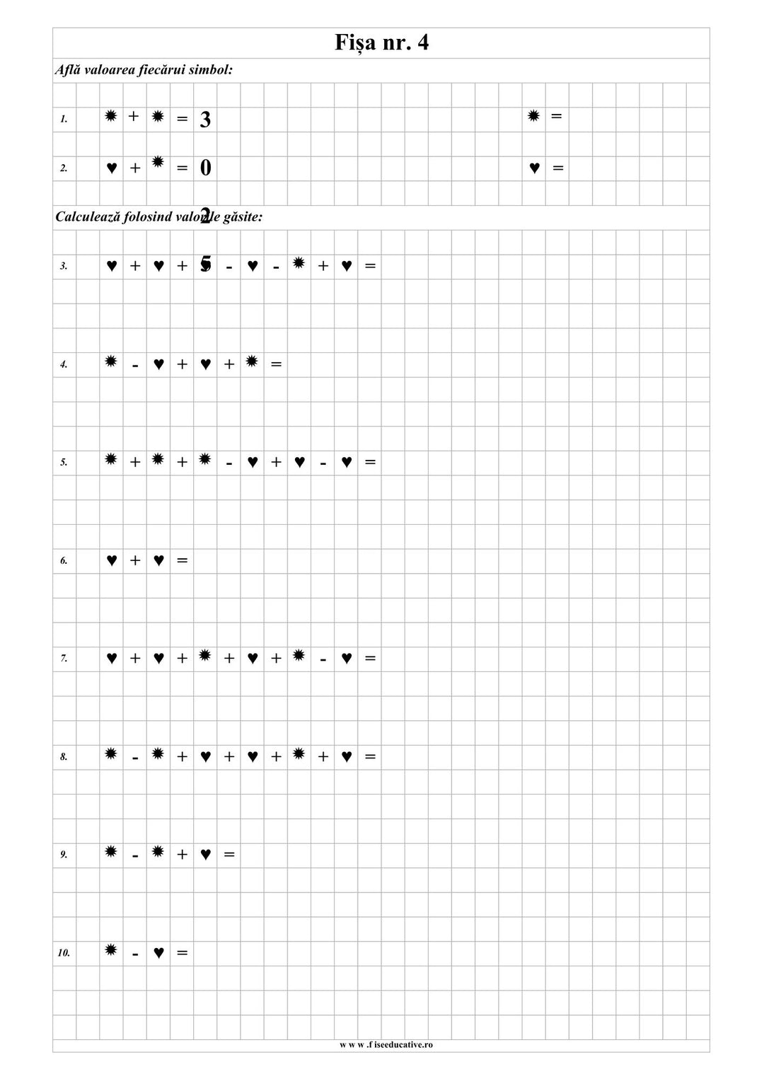 Material PDF pentru clasa I cu exercitii de logica matematica, operatii cu simboluri si activitati de consolidare a calculului.