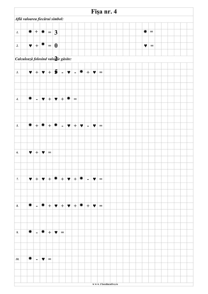 Material PDF pentru clasa I cu exercitii de logica matematica, operatii cu simboluri si activitati de consolidare a calculului.