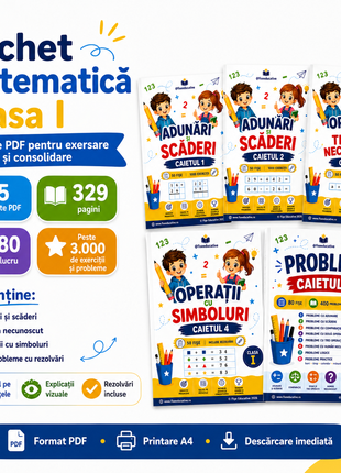 Pachet complet Matematică Clasa I PDF, 5 caiete cu 329 pagini de fișe, peste 3000 exerciții și probleme cu rezolvări.