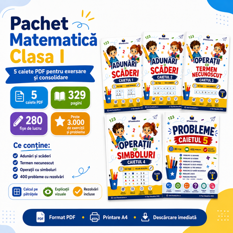 Pachet complet Matematică Clasa I PDF, 5 caiete cu 329 pagini de fișe, peste 3000 exerciții și probleme cu rezolvări.