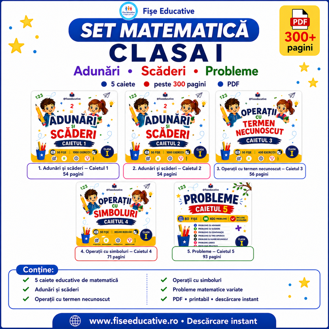 Pachet complet Matematică Clasa I PDF, 5 caiete cu 329 pagini de fișe, peste 3000 exerciții și probleme cu rezolvări.
