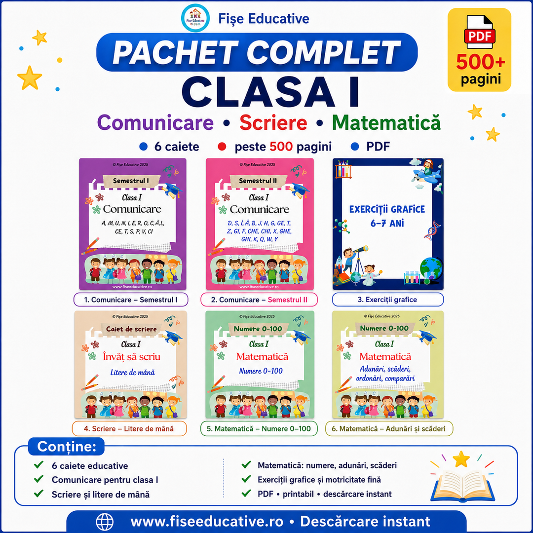 Imagine de prezentare pentru pachetul complet de fișe pentru clasa I, în format PDF, cu peste 530 de pagini pentru CLR, MEM, comunicare, matematică, scriere și exerciții grafice.