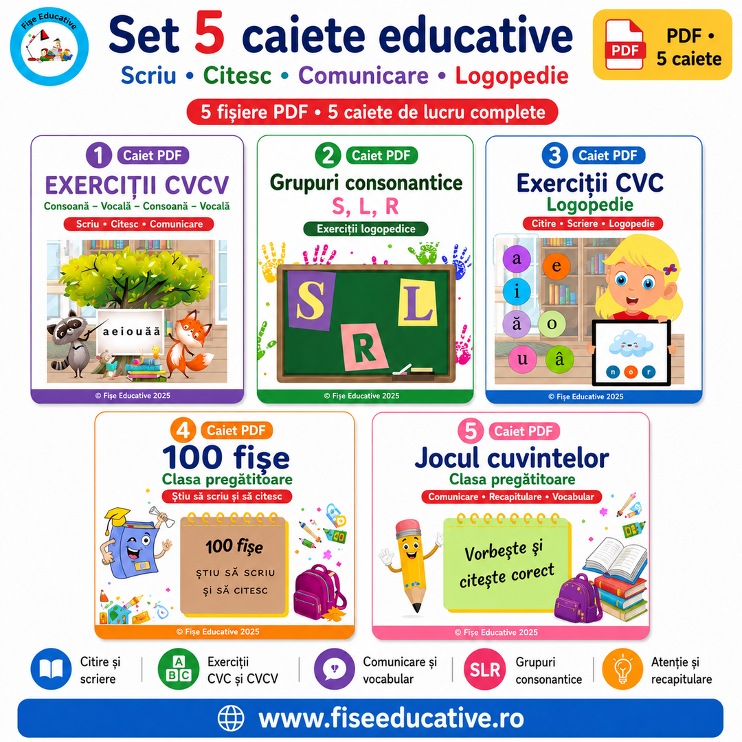 Prezentare pachet educativ pentru limbaj, citire, scriere și logopedie, format din 5 materiale PDF pentru copii de 3–8 ani.